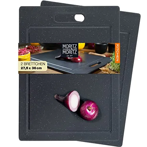 Moritz & Moritz 2x Schneidebretter Kunststoff - 36 x 27,5 cm - Schneidebretter BPA frei - Küchenbretter Granitoptik - Cutting Board mit Antirutschfüßen, Eingriffsöffnung - Schneidebrett mit Saftrille