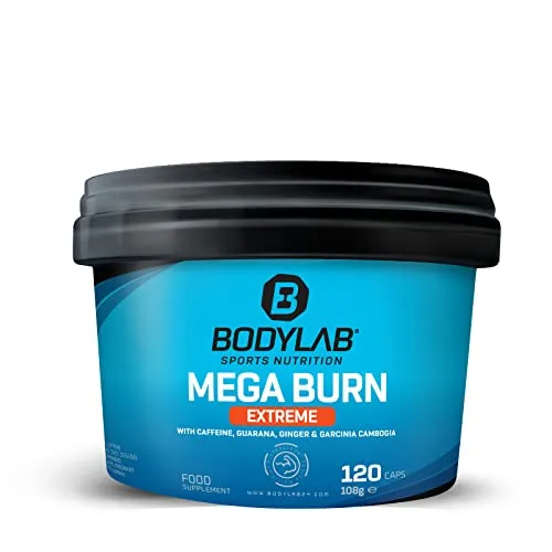 Bodylab24 Mega Burn Extreme 120 Kapseln - Pflanzliches Ergänzungsmittel mit 200mg Koffein pro Tagesdosis, unterstützt Diät und Definition mit bioaktiven Pflanzenstoffen wie Guarana und Garcinia Cambogia.