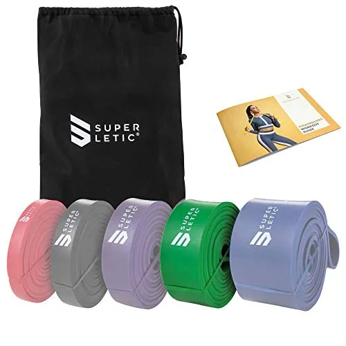 SUPERLETIC Powerband Widerstands-Fitness-Bänder & Übungsbänder für Männer und Frauen; Klimmzughilfe 5 Stärken für Workout, Yoga, Pilates, Crossfit, kostenlose Trainingsanleitung