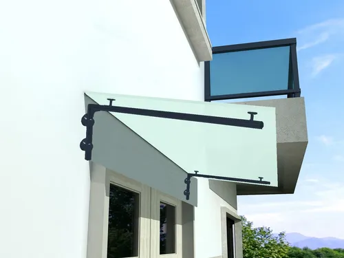 BuyLando (L) 120x90 cm Milchglas Vordach mit Edelstahlhalter RAL 7016 - Elegantes Haustürvordach aus robustem Milchglas und Edelstahl, ideal für stilvolle Eingänge und optimalen Wetterschutz.