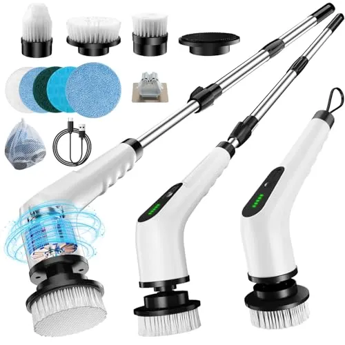 Timzeit Elektrische Reinigungsbürste 9 in 1 Elektrische Putzbürste mit austauschbaren Bohrbürstenköpfen Electric Cleaning Brush mit Verstellbarem Griff und 3000mAh Akku für Bad/Küche/Auto/Fliesen