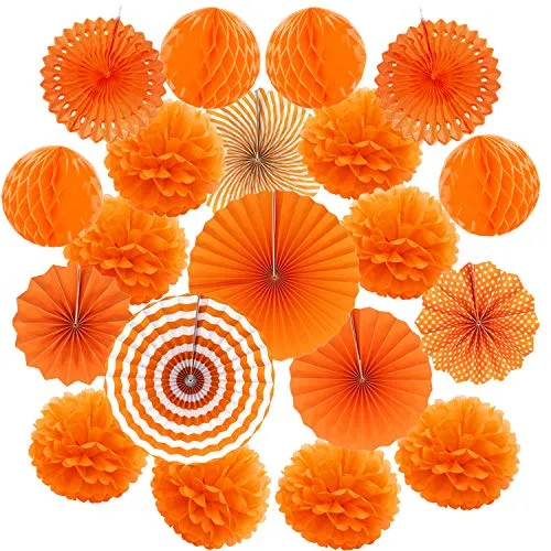 ZERODECO 20 Stück Seidenpapier Pompoms, Papier Fans Fächer und Wabenbälle Dekorpapier Kit für Geburtstag Hochzeit Baby Dusche Parteien Hauptdekorationen - Orange