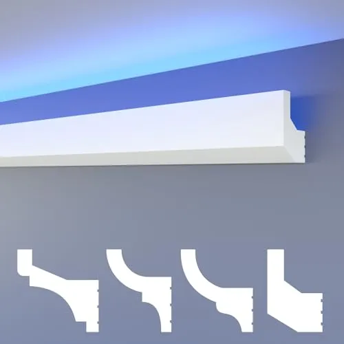 HEXIMO LED Stuckleisten klassisch, XPS Styropor indirekte Beleuchtung Wand & Decke Stuckleisten für Wand-Deckenverkleidung (1,7 Meter HLED 4)