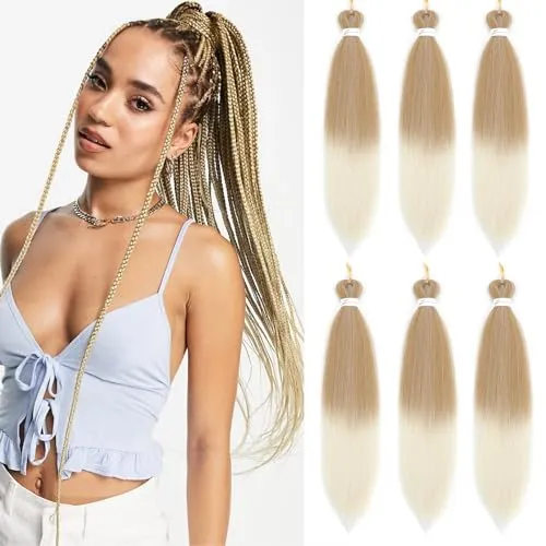 BLTYXT Pre-stretched Braiding Hair 26'' Easy Braid 6 Packs Professional Itch Free Synthetic Fiber EZ Braids Yaki Texture Knotless Braiding Hair Extensions(T27-613, 26 Inch(Pack of 6))