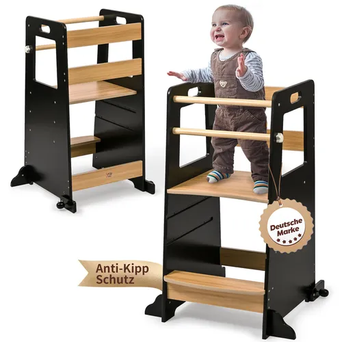 Baby Vivo Höhenverstellbarer Lernturm aus Holz - Kippschutz für Kinder - Trittschemel für Baby- & Kleinkinderzimmer, sicherer Anti-Kippschutz und höhenverstellbare Stehplatte fördern die Selbstständigkeit Ihres Kindes bei alltäglichen Aufgaben.