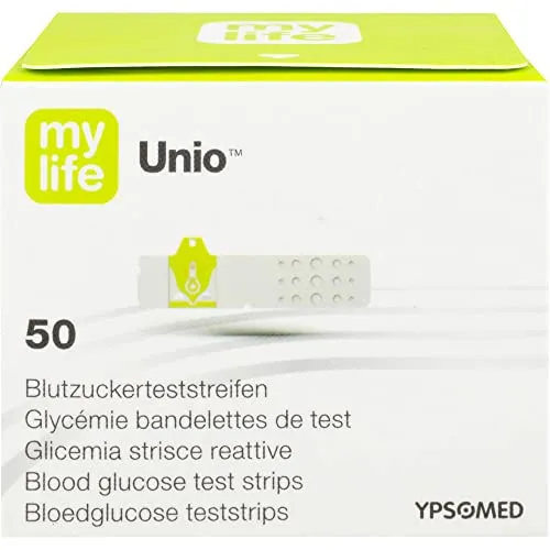 Mylife Unio Blutzucker-Teststreifen - 50 Stück - Blutzuckermessgeräte, 50 Teststreifen für präzise Blutzuckermessungen, ideal für Diabetiker zur täglichen Kontrolle.