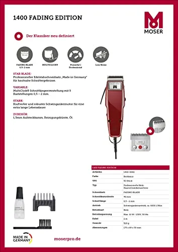 Moser ProfiLine 1400 Fading Edition Haarschneider - Herren Friseurschneider für präzise Fades - Gesichtshaartrimmer mit Multiclick Schnittlängenverstellung, Made in Germany für professionelle Ergebnisse