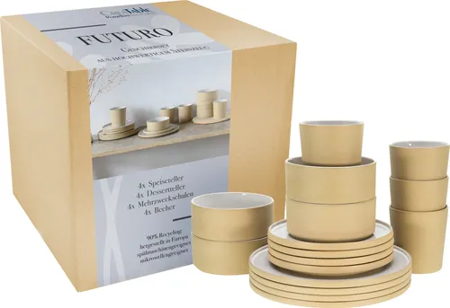 CreaTable 21532 Serie Futuro 16-teiliges Geschirrset - Kombiservice aus Steinzeug, 90% Recyclingmaterial, spülmaschinen- und mikrowellengeeignet, ideal für nachhaltige Tischgestaltung.