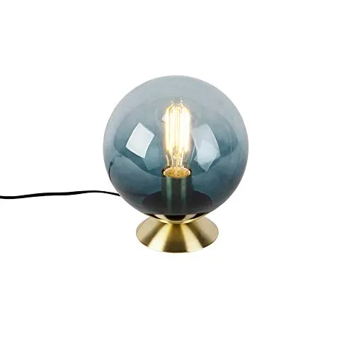 Qazqa Art Deco Tischlampe mit blauem Glas - Pallon I - Tischlampen für Wohnzimmer und Schlafzimmer, elegantes Art Deco Design aus Messing und blauem Glas, dimmbar (Dimmer nicht enthalten), ideal für stimmungsvolle Beleuchtung.