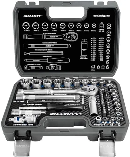 52tlg Vielzahn Zoll TORX Steckschlüssel Set - Universelles Profil für alle Schraubentypen - Vielzahn Steckschlüssel Set mit 52 Teilen, ideal für 6-kant, 12-kant und Torx Schrauben. Robuste Nüsse aus Chrom Vanadium Stahl für lange Lebensdauer und exzellente Ratschenfunktion.
