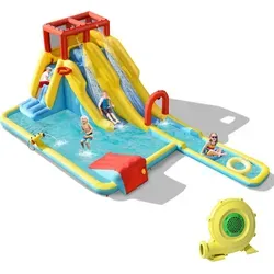 COSTWAY Hüpfburg mit 680W Gebläse und Wasserrutsche - Aufblasbare Hüpfburg mit Rutsche, Kletterwand und Basketballkorb für stundenlangen Spielspaß im Freien. Robustes Oxford-Gewebe und schneller Aufbau machen sie ideal für den Sommer!