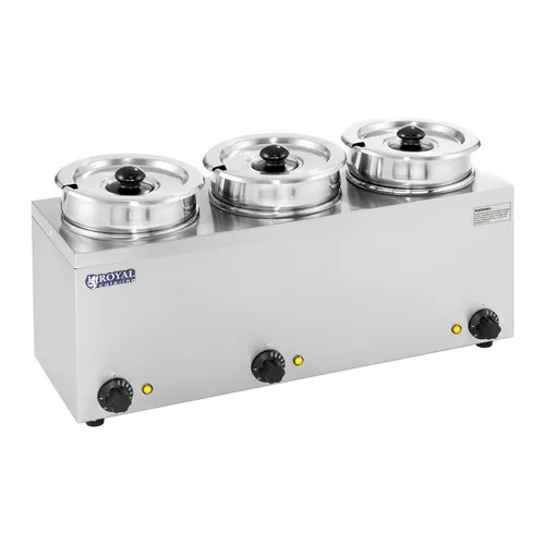 Royal Catering RCBM-3/4R Bain Marie Suppenstation - Großküchentechnik mit 3 Einsatztöpfen (2,75 L) und Deckeln, ideal für Buffets und Veranstaltungen, Temperaturregulierung von 30-110 °C für perfekte Speisenhaltung.