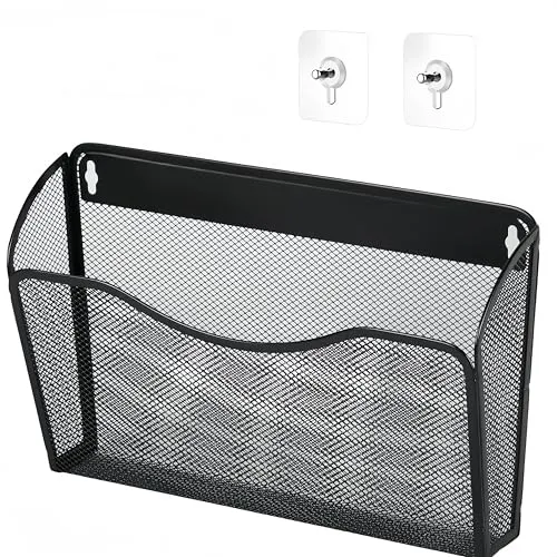 WizeFolk Wandmontierter Dokumentenhalter, Zeitschriftenhalter, vertikaler Organizer, Platzsparende Metallgitter-Tasche, für Zuhause, Küche, Büro (schwarz)