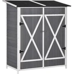 Outsunny Gartenschrank 139Lx75Wx60Hcm - Grau+Weiß - Gartenhäuser mit rustikalem Design, stabil aus lackiertem Tannenholz, wasserabweisend und wetterbeständig. Inklusive separatem Tisch für Gartenarbeiten, vielseitig einsetzbar!