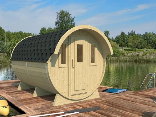 Camping Fass Bausatz / Schlaffass Modell 330 aus hochwertigem Thermoholz - Bausatz für ein robustes Camping Fass aus nordischem Fichtenholz, inkl. isolierter Eingangstür und Fenstern. Stabile Bauweise mit hoher Langlebigkeit für unvergessliche Nächte in der Natur.