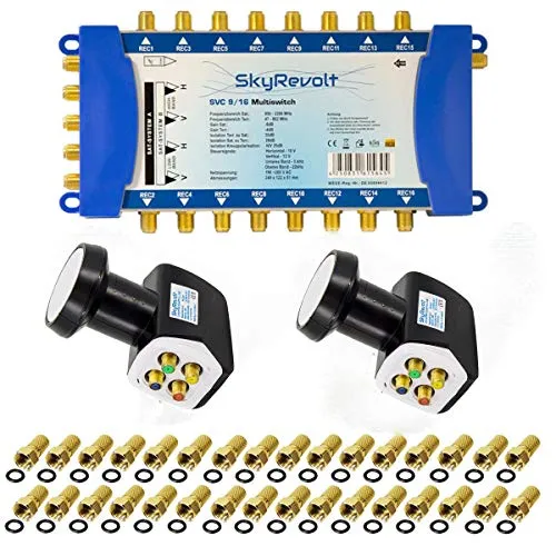 SkyRevolt Multischalter 9/16 Set - 2x Quattro LNB für 16 Anschlüsse - Multischalter für 16 Ausgänge, ideal für die Verteilung von Satellitensignalen auf bis zu 16 Geräte. Unterstützt 8K, 4K UHD und HD Formate für optimales Fernseherlebnis.
