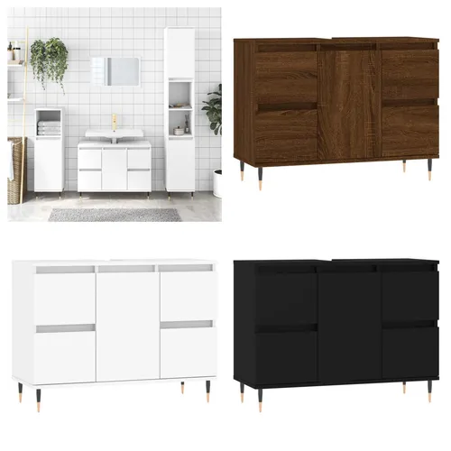 Badschrank Räuchereiche 80x33x60 cm - Waschbeckenunterschrank aus langlebigem Holzwerkstoff mit 1 Tür und 4 Schubladen für optimalen Stauraum, flexibler Türeinbau und stabile Eisenfüße für einen modernen Look.