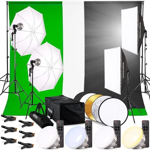 PIXETOOL Fotostudio Set - Greenscreen mit Ständer (3m x 3m) – Softbox Durchlichtschirm Lampen Set - 3X Fotohintergrund - Reflektor - Gaming Streaming Fotografie Green Screen - Studiolicht Fotolampe