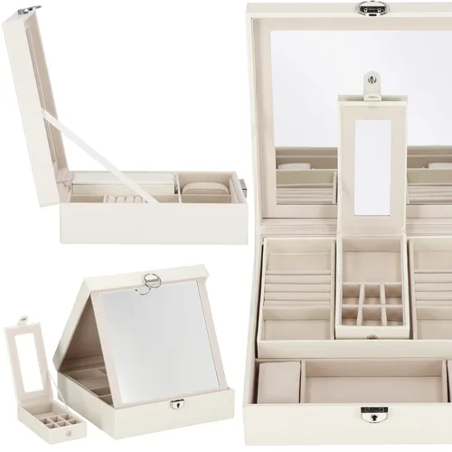 SPRINGOS Schmuckkasten mit Spiegel - Schmuck-Organizer in Beige mit Spiegel, ideal zur stilvollen Aufbewahrung von Armbändern, Halsketten und Ringen. Maße: 25 x 25 x 8,5 cm.