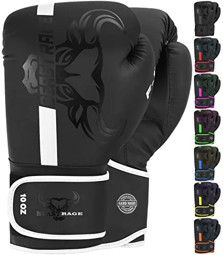 BEAST RAGE Boxhandschuhe Kickbox Handschuhe Boxing Gloves Männer Damen Box Handschuhe+ Training Schwarz Adult 8 10 12 14oz 16oz Muay Thai Kampfsport Boxsack Herren (Weiß, 16 OZ)