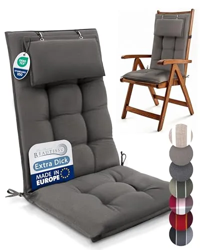 Beautissu 7er Set Premium Hochlehner Auflage Kopfpolster 120x50cm Sun-HL – 8cm Dick Polster Gartenstuhlauflage rutschfest Befestigungsbänder UV-Lichtechtheit 5 – Robust Stoff Taupe