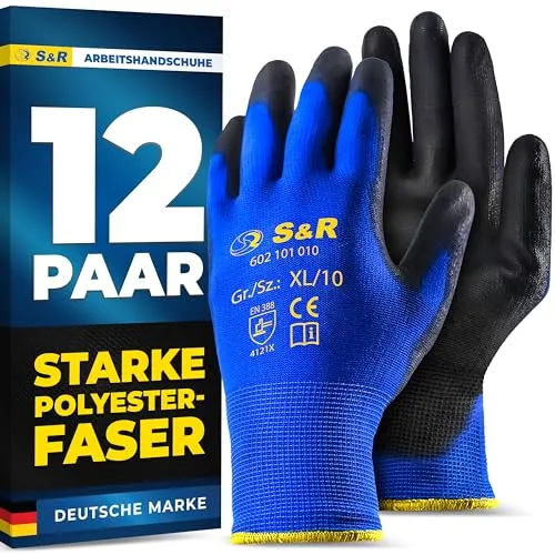 S&R Arbeitshandschuhe aus Polyesterfaser – Abriebfeste Schutzhandschuhe mit Polyurethanbeschichtung für Fein-Montage, Lager, Bau-Handwerk und Heimwerker