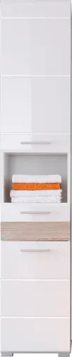 trendteam smart living Mezzo Hochschrank - Weiß Hochglanz/Eiche Sägerau - Moderne Badmöbel mit 6 Fächern und Schublade, inklusive 3 verstellbarer Einlegeböden, aus FSC-zertifiziertem Holzwerkstoff für nachhaltigen Stil und Funktionalität.