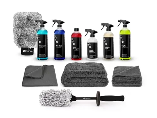 evorilo Autopflege-Komplettset 13-teilig – Premium-Set für Innen & Außen: Fahrzeugwäsche, Felgen, Glas, Innenraum – inkl. Mikrofasertücher, Waschhandschuh, Trockentuch & Felgenbürste
