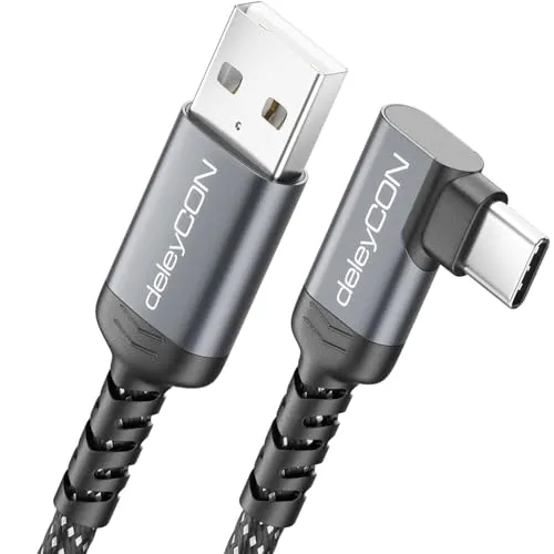 deleyCON 1m USB C Kabel Winkel 90 Grad USB-A auf USB-C Ladekabel Datenkabel Gewinkelt für iPhone 17 16 15 Pro Max Air Galaxy A16 A56 S25 S24 S23 Pixel AirPods Notebook PS5