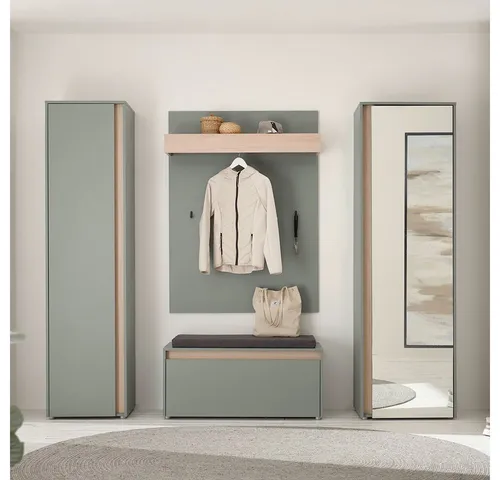 Lomadox Garderoben-Set CRISP-61, (Spar-Set, 4-St., Garderobenpaneel Schuhbank Flurschrank Spiegelschrank), grün mit Eiche Nb., grifflos, Spiegelfläche