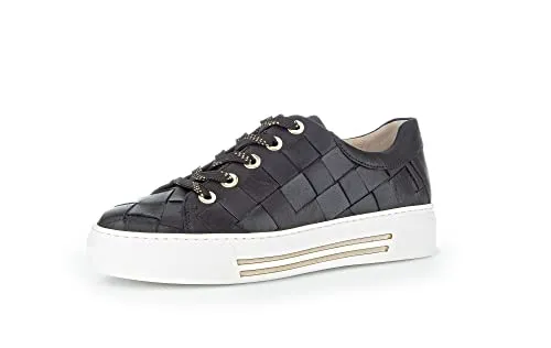 Gabor Damen Low-Top Sneaker - Damen-Sneaker mit Wechselfußbett und moderater Mehrweite (G) für optimalen Tragekomfort. Ideal für Freizeit und Alltag, aus hochwertigem Glattleder in elegantem Schwarz mit Goldakzenten.