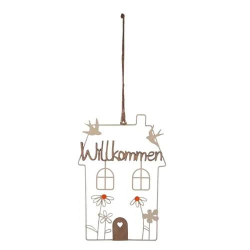 UNUS Willkommensschild Haus, Aufhänger aus Metall, 30 cm hoch, mit Blumenmuster, für Eingangsbereich, Garten & Balkon, Creme