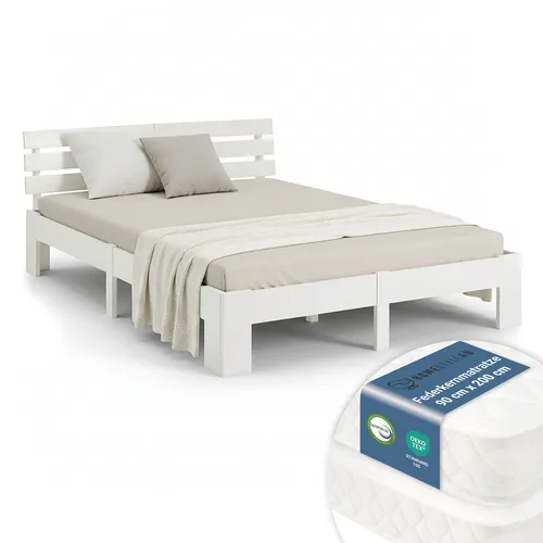 Doppelbett 180x200 Massivholz Weiß mit Federkernmatratze - Stylisches und modernes Doppelbett aus massivem Kiefernholz, inklusive Federkernmatratze. Ideal für Schlafzimmer, bietet Komfort und eine großzügige Liegefläche von 180 x 200 cm.