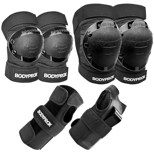 BODYPROX Knieschoner Ellenbogenschoner Handgelenkschützer Set für Skateboarden, Roller Derby, BMX-Fahren und Inlineskaten (Youth One Size)