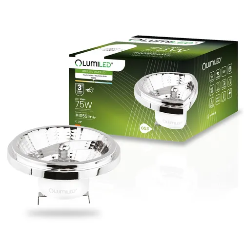 LUMILED LED-Leuchtmittel AR111 G53 Fassung 12V 10W (Entspricht Halogen 75 Watt) Neutralweiß 4000K 24° Abstrahlwinkel Silber 1055 lm Ra>90 Aluminium PC