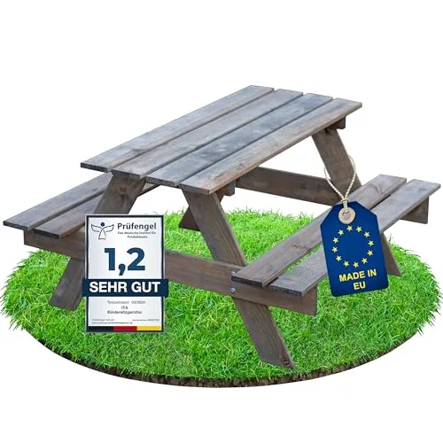 ITA Kindersitzgarnitur aus Holz - Kinder Picknicktisch mit 2 Bänken - Kinderzimmertisch & -stuhlsets, ideal für drinnen und draußen, aus schadstofffreiem Kiefernholz, robust und sicher für Kinder ab 2 Jahren.