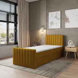Masseno Boxspringbett ARION 90 - Komplett-Set 90x200 cm, Gelb mit Bonell Matratze - Elegantes Boxspringbett ARION 90 mit großem Bettkasten für optimale Stauraum-Nutzung. Ergonomische Bonell-Matratze und komfortabler Topper bieten besten Schlafkomfort. Perfekt für stilvolle Schlafzimmer.