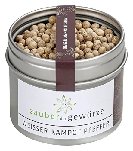 Zauber der Gewürze Kampot Pfeffer weiß, echter weißer Kampot Pfeffer aus Kambodscha, sonnengetrocknete weiße Pfefferkörner, Premium-Qualität in wiederverschließbarer Aroma-Dose, 80g