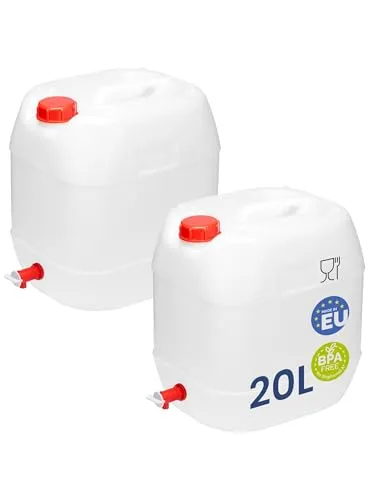 Garronda Wasserkanister 20L mit Hahn - BPA-freier 2er-Pack Wasserkanister, ideal für Camping und Outdoor-Aktivitäten. Robustes Material sorgt für Lebensmittelsicherheit und einfache Handhabung mit Ablasshahn.