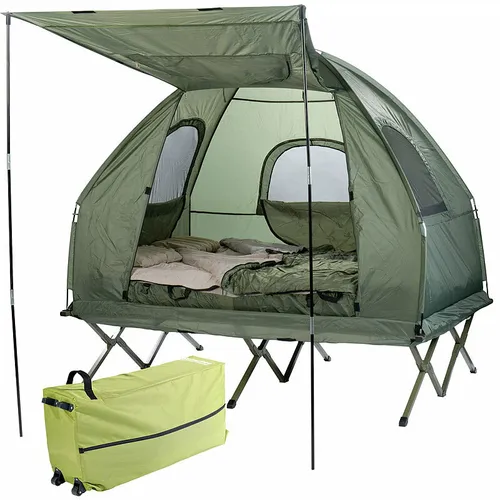 Semptec 4in1-Doppelzelt mit Feldbett - Vielseitiges Campingzelt für 2 Personen, inklusive Feldbett, 2 Winterschlafsäcken und Sonnenschutz – ideal für Outdoor-Abenteuer!