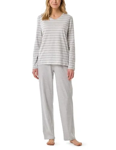 Schiesser Damen Pyjama Schlafanzug mit V-Ausschnitt - Bequemer Schiesser Single-Jersey Pyjama für Damen, mit charmantem Streifen-Design und atmungsaktiver Baumwolle für ein angenehmes Tragegefühl. Ideal für entspannte Nächte.