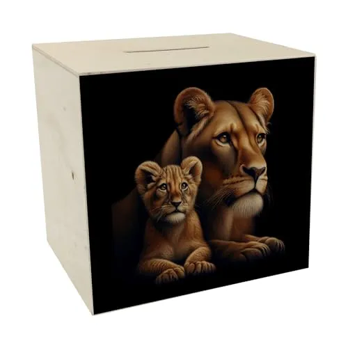 Löwin mit Babylöwe Spardose aus Holz Baby Löwe Jungtier Raubkatze Spardose aus Holz für Kinder Großkatze Wildtier Säugetier Geldgeschenk