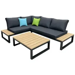 greemotion Gartenlounge-Set Riola Braun-Holz / Schwarz mit Auflagen & Tisch - Beige/Grau - Das stilvolle greemotion Gartenlounge-Set Riola kombiniert modernem Design mit robusten Materialien. Ideal für Terrasse und Garten, bietet es hohen Komfort durch bequeme Kissen und ist pflegeleicht sowie wetterfest.