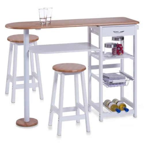 Zeller Present Küchenwagen mit Bambusdekor und 2 Hockern - Küchenwagen aus MDF in elegantem Weiß, ideal für zusätzliche Ablagefläche und Sitzgelegenheit in Ihrer Küche.