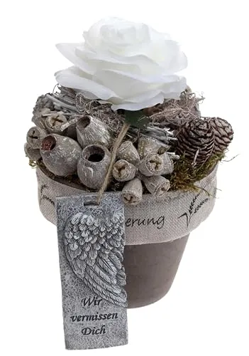 Grabschmuck Tontopf mit Wachsrose weiß, wetterfest CreaFlor Home