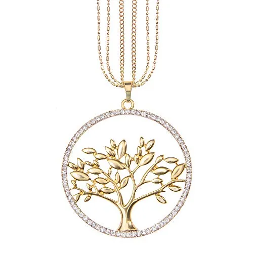 Mianova Damen Lange Halskette Kette Lebensbaum Anhänger mit Swarovski Elements Strass Kristall Steinen Lang Gold Groß