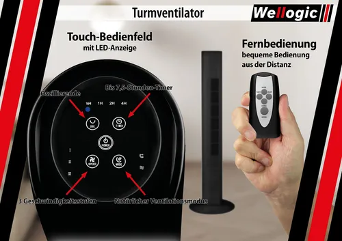 Wellogic Turmventilator Standventilator schwarz mit Fernbedienung Touch-Display