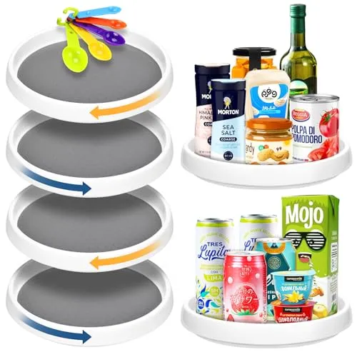 TEGOVE 4 Stück Lazy Susan Drehteller,25 cm Rutschfester Drehteller Organizer für Schrank,Drehbares Gewürzregal Organizer für Gewürze und Vorratsdosen,360 Grad Küche Drehbarer,Enthält 5 Messlöffel