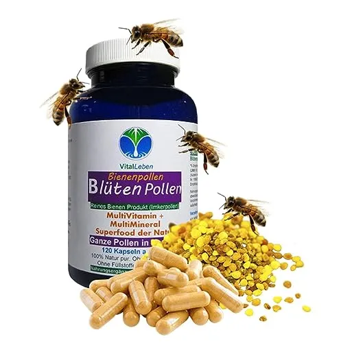 BLÜTENPOLLEN Bienenpollen 120 Kapseln GANZE Bee Pollen IMMUNSYSTEM & ABWEHRKRÄFTE Multi-Vitamin & Mineral SUPERFOOD. 100% NATUR pur. OHNE ZUSATZSTOFFE. 26925-120