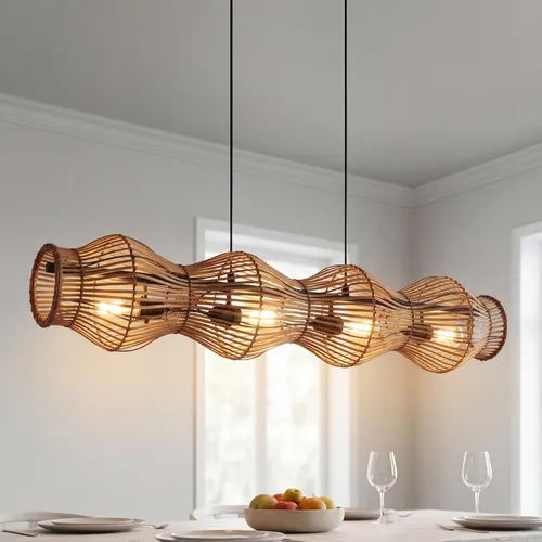 Licht-Erlebnisse Pendelleuchte ARSTAL, 4-flammig aus Bambus und Aluminium, 107 cm - Vielseitige Pendelleuchte im skandinavischen Design aus hochwertigem Bambus und Aluminium. Ideal für hohe Decken und individuelle Lichtgestaltung – perfekt für dein Esszimmer oder Wohnzimmer!